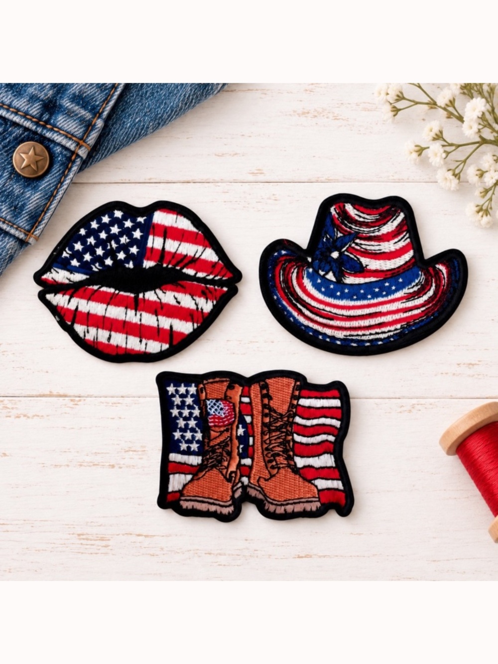Patriotic USA Flag Patch Iron On Embroidered Sew Cowboy Hat Boots Lips Applique